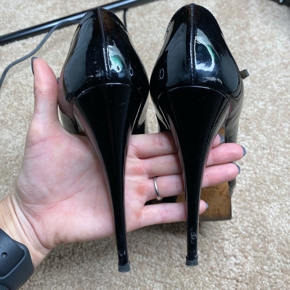 YSL- Tribute Black Patent Leather Mary Jane Peep Toe Platform Heel - Picture 8 of 14